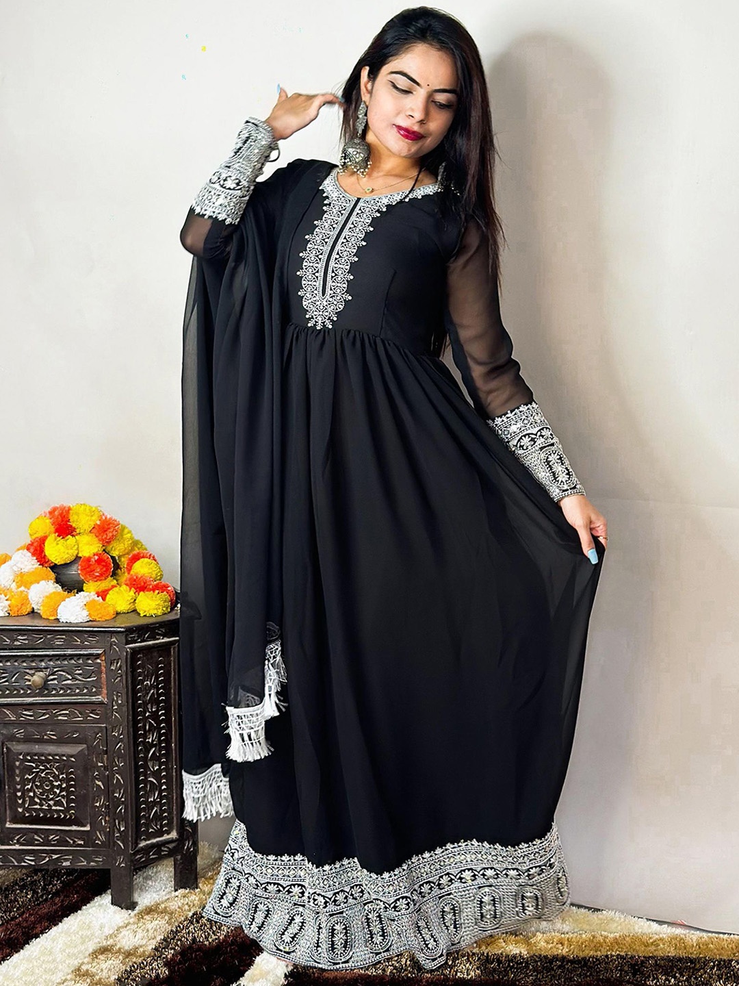 

BAESD Floral Embroidered Georgette Gown Ethnic Dresses With Dupatta, Black