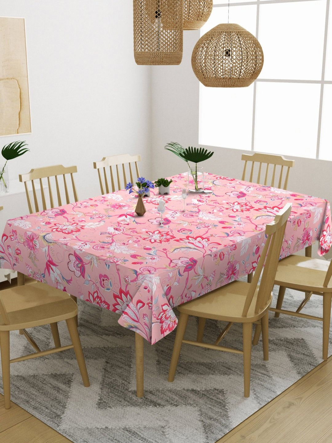 

Aura Pink & peach Colored Floral Printed Cotton 6-Seater Table Cover
