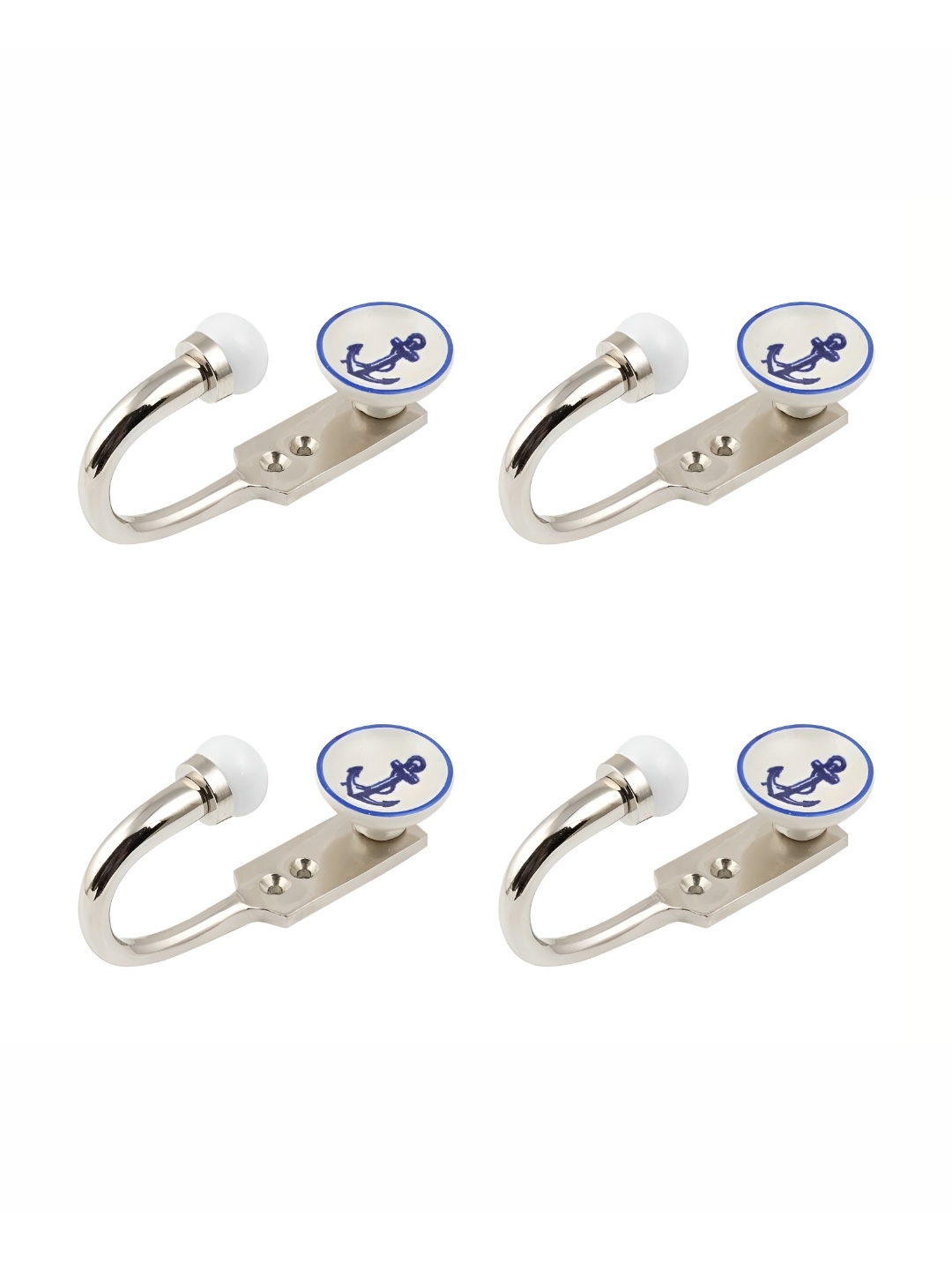 

IndianShelf Silver-Toned & White Anchor Printed 4 Pieces Ceramic & Zinc Wall Hooks