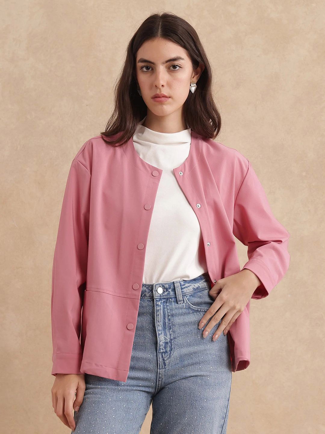 

RAREISM Women Collarless Solid Casual Tailored Jacket, Pink