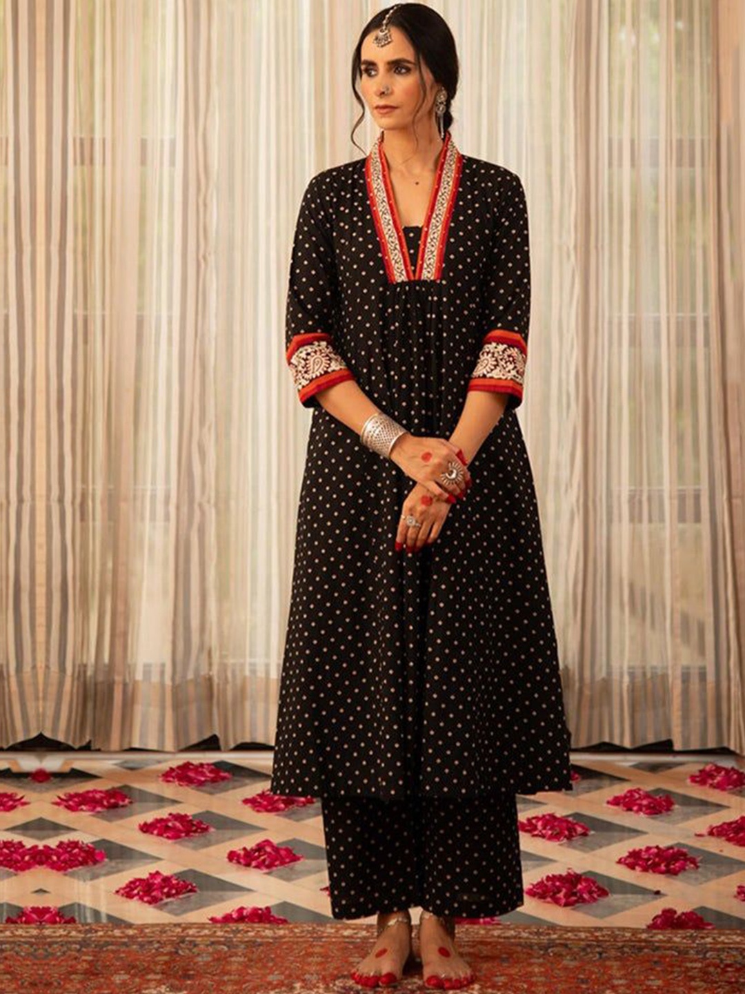 

KALINI Printed Regular Sequinned Kurta with Palazzos, Black