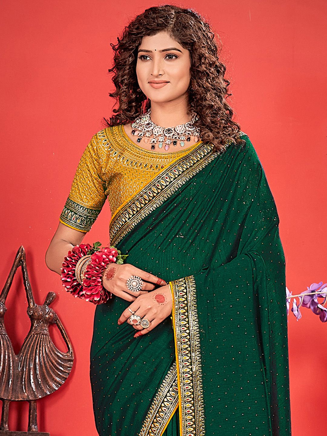 

Anouk Women Embellished Beads and Stones Saree, Green