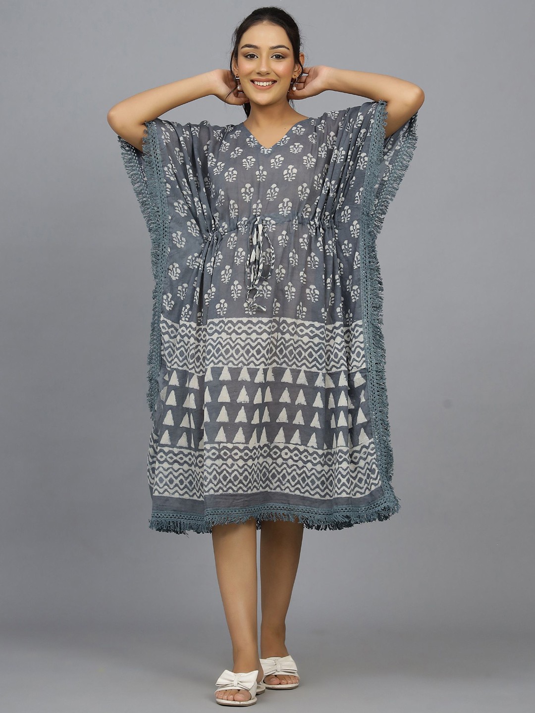 

HANDICRAFT PALACE Women Pure Cotton Printed Kaftan Nightdress, Grey