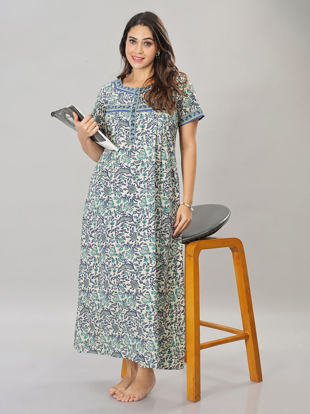 

NAIDU HALL Women Pure Cotton Printed Maxi Nightdress, Blue