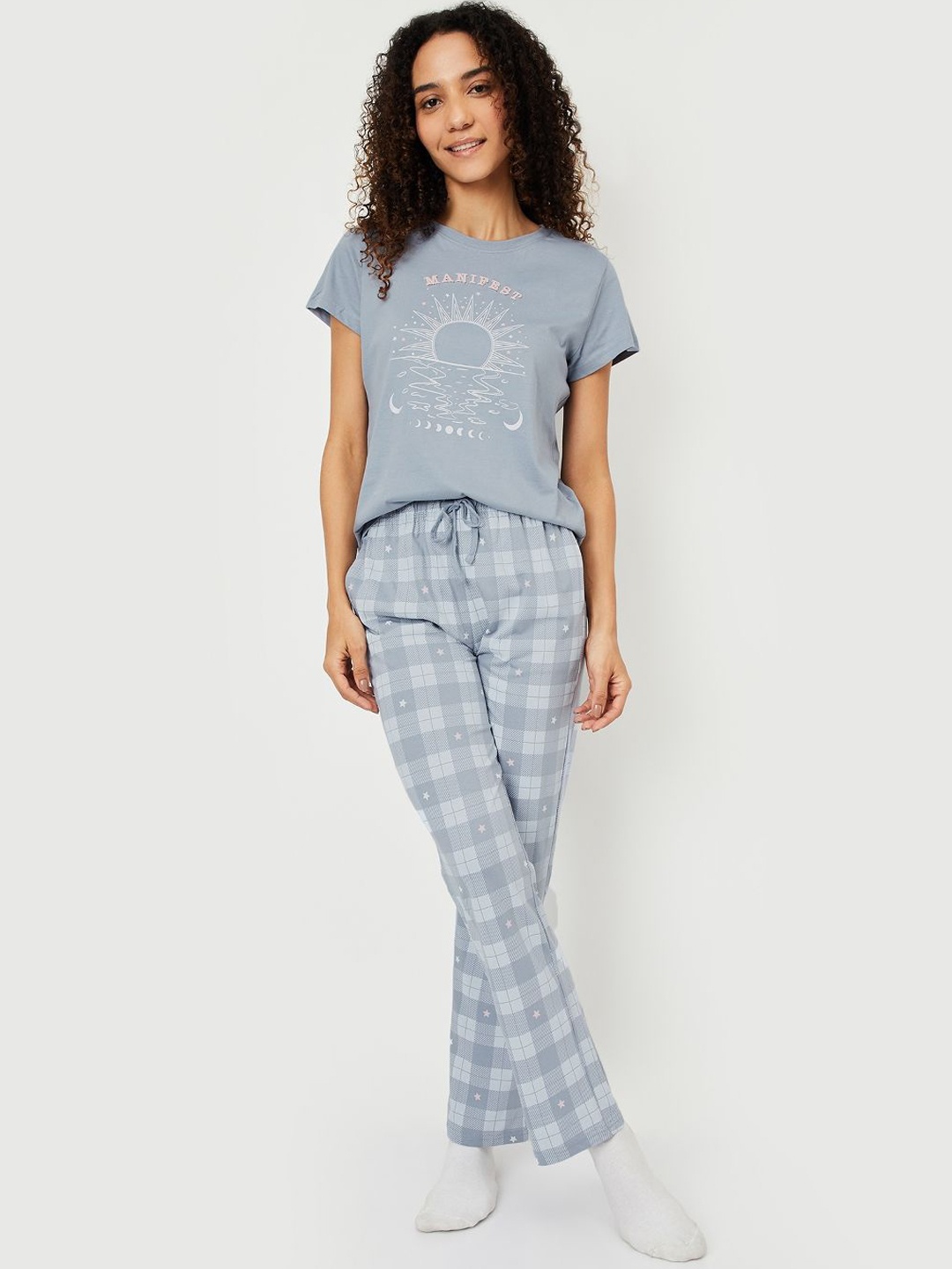 

max Women Pure Cotton Checked Printed Night suit, Blue