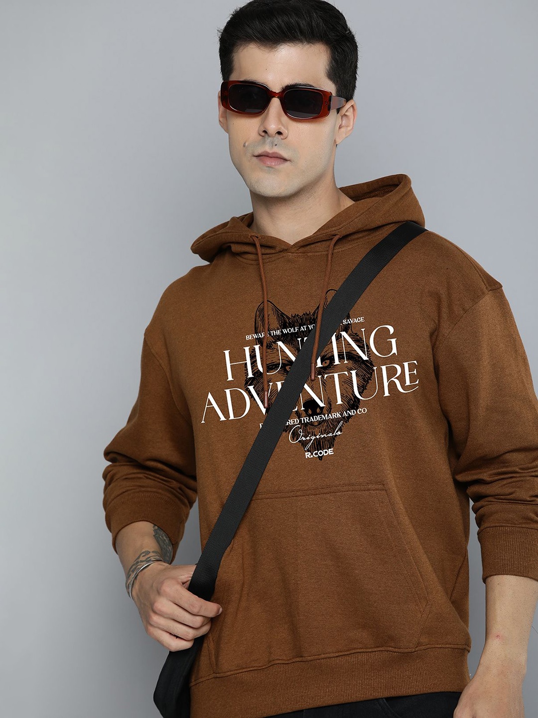 

R.Code by The Roadster Life Co. Men Printed Hooded Sweatshirt, Mustard
