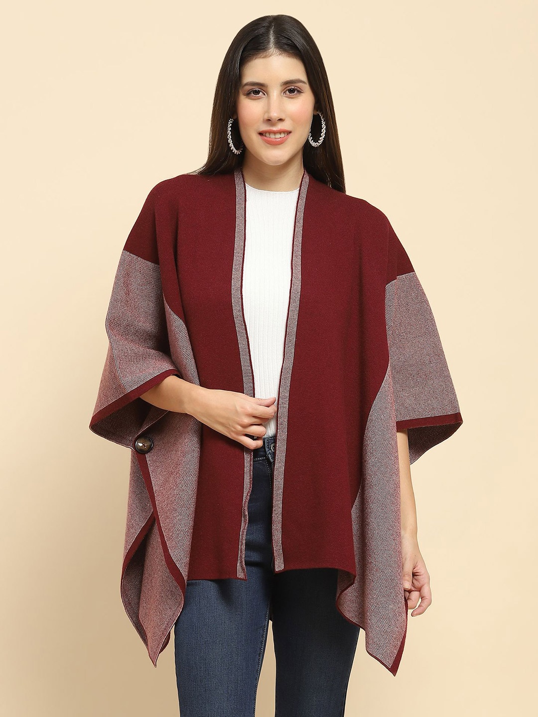 

Global Republic Printed Asymmetric Open Front Shrug, Maroon