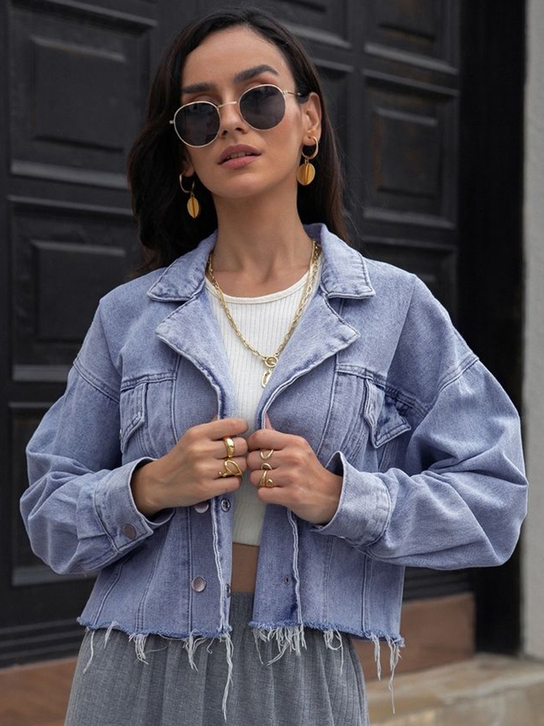

LULU & SKY Women Lapel Collar Washed Solid Cotton Casual Bomber Jacket, Blue