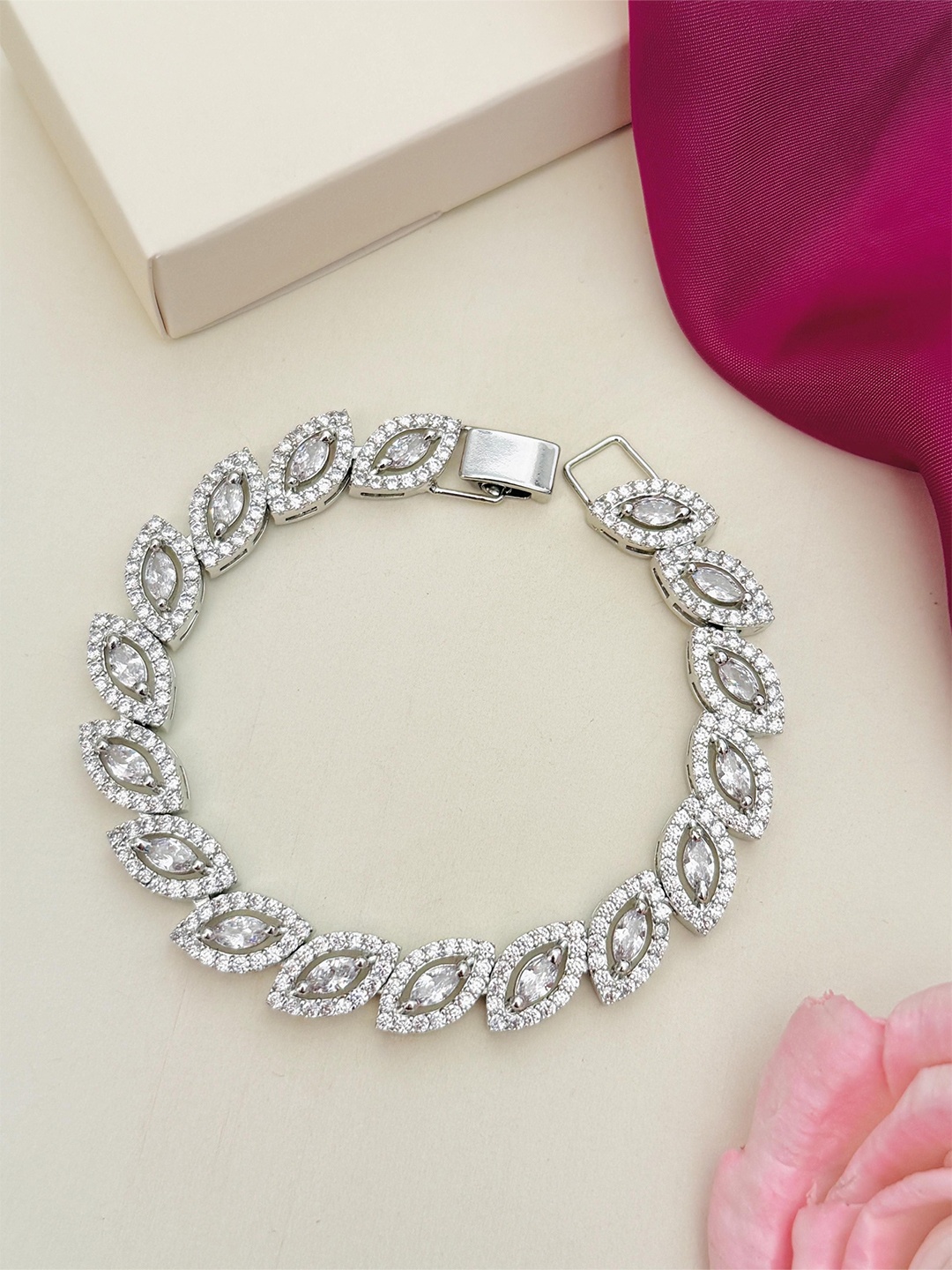 

ABDESIGNS Women Brass Silver-Plated American Diamond Studded Wraparound Bracelet