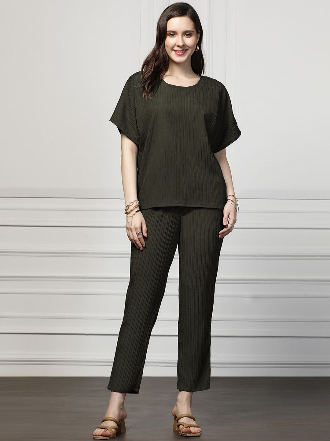 

Moda Rapido Striped Round Neck Round Neck Top With Trousers, Olive