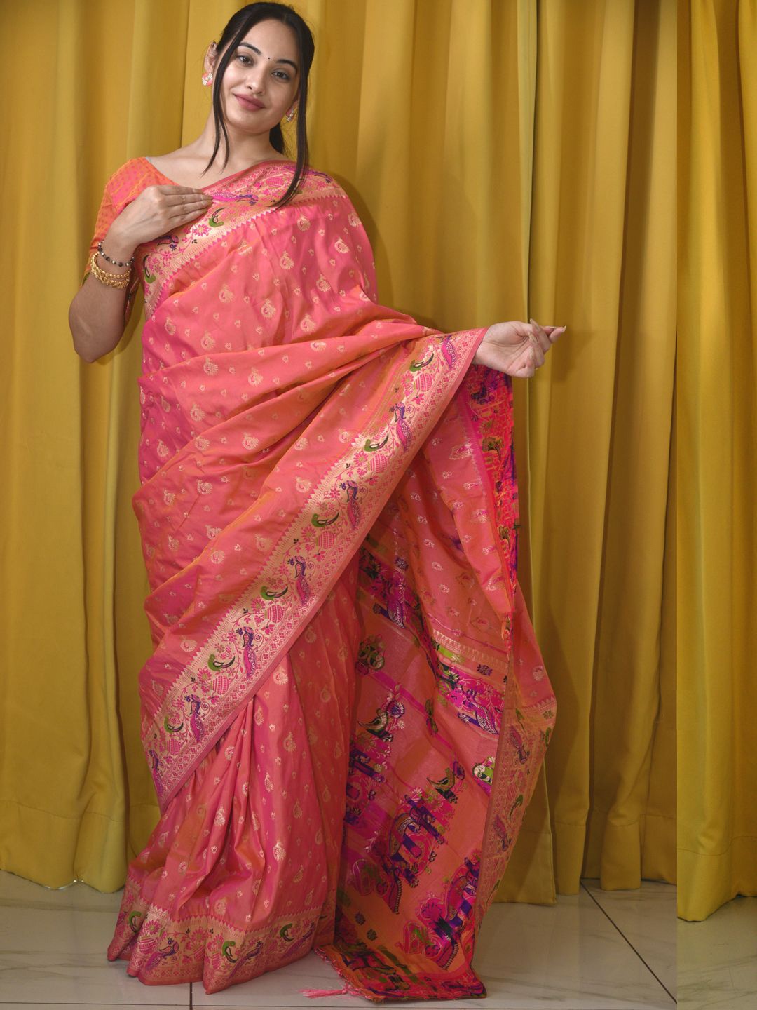 

Panzora Woven Design Zari Paithani Saree, Peach