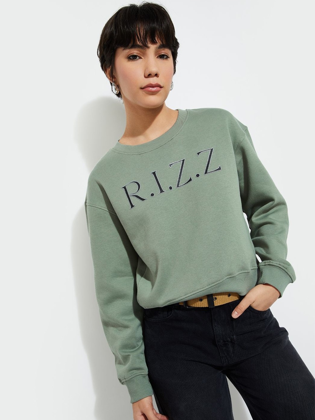 

MAX URB_N Women Printed Relaxed Fit Sweatshirt, Olive