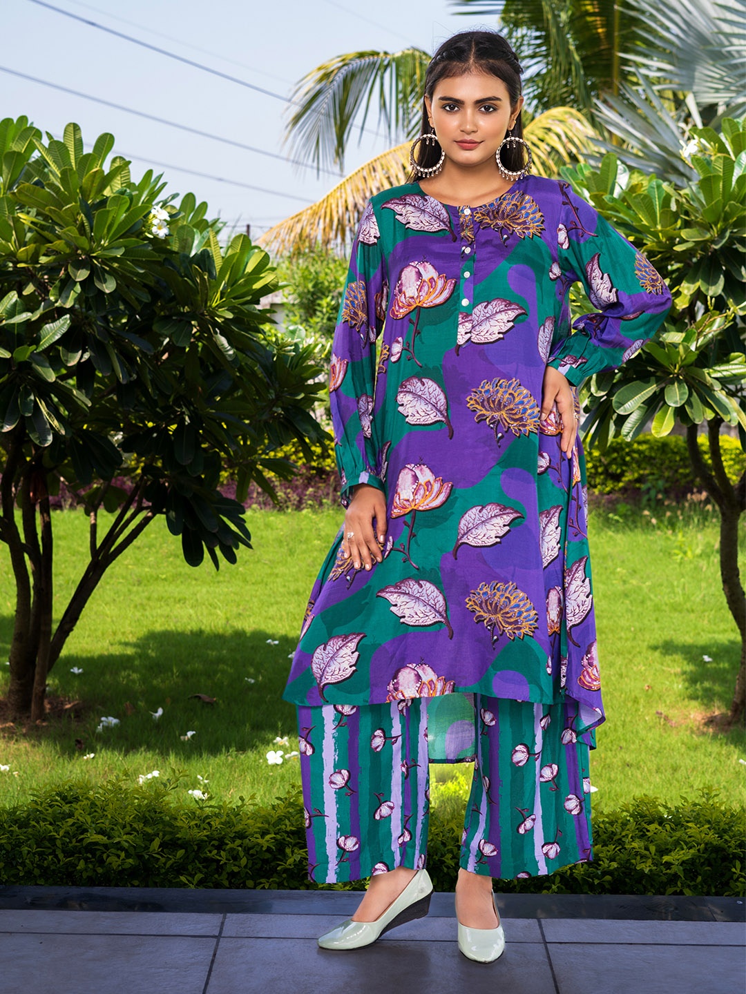 

EARTH O FAB Printed Floral Printed Co-Ords, Purple