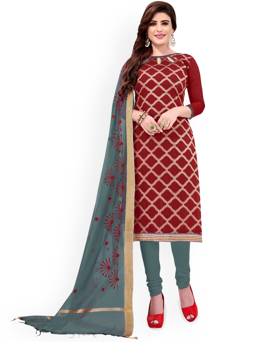 

Maroosh Geometric Printed Unstitched Dress Material, Maroon