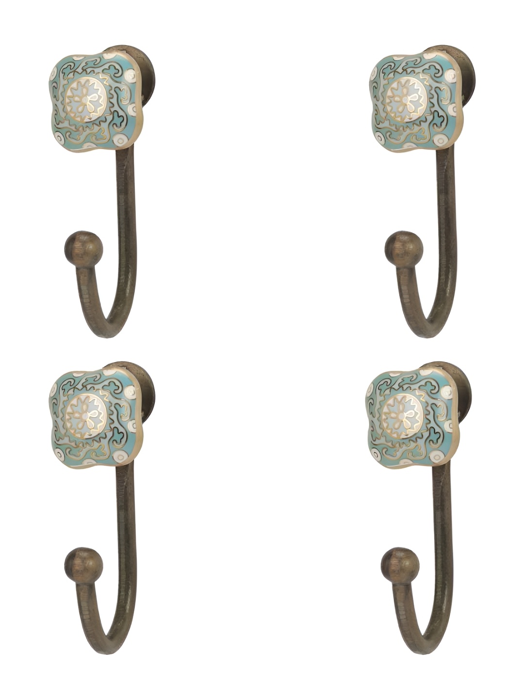 

IndianShelf Blue & Gold Toned 4 Pieces Printed Ceramic Wall Hooks