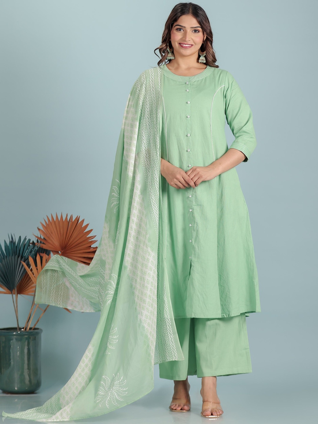 

Aramya Linen Cotton Kurta with Palazzos & With Dupatta, Green