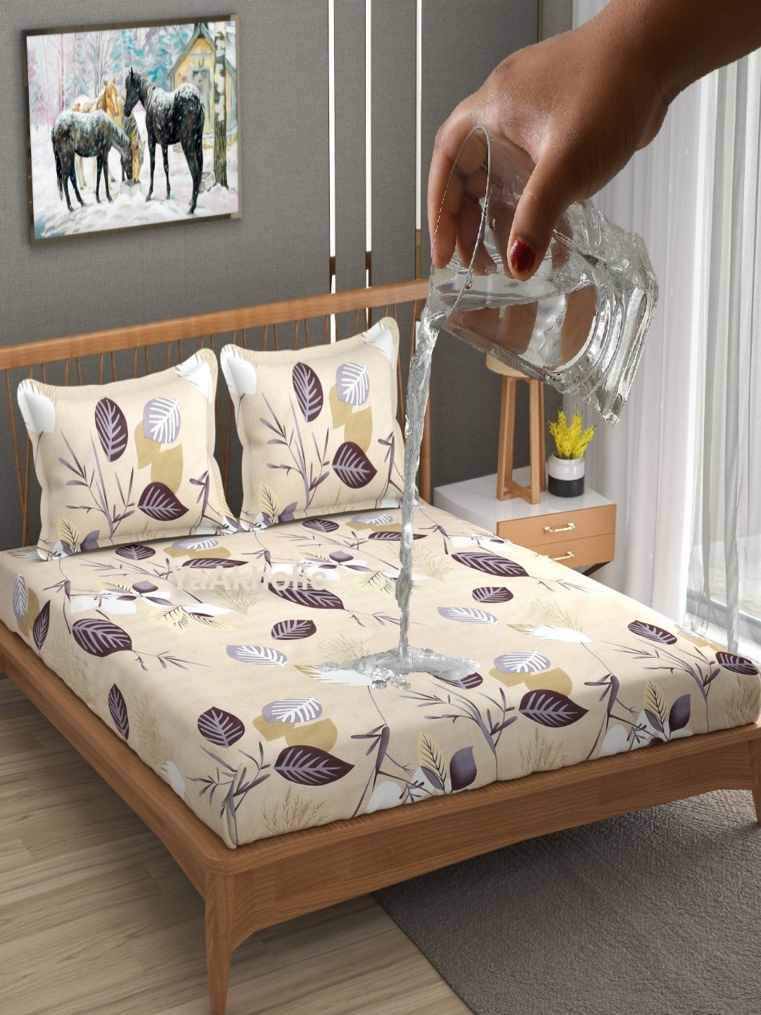 

YaAkholic Beige & Grey Floral 210 TC King Fitted Waterproof Bedsheet Set- 1.9 M x 1.8 M