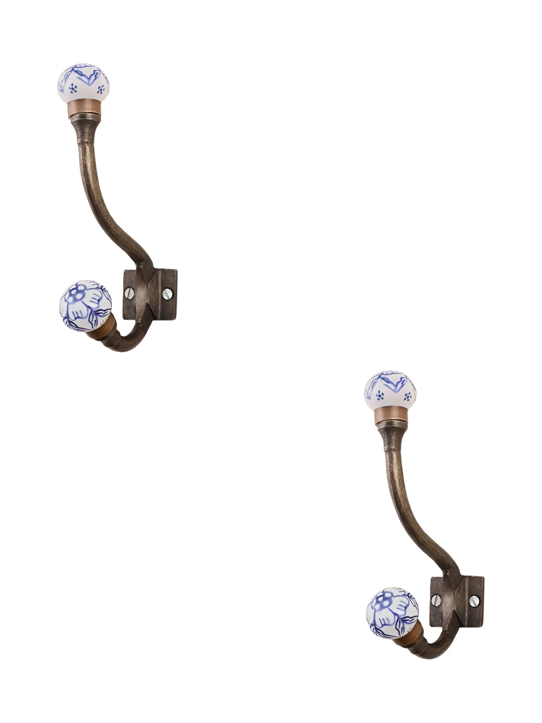 

IndianShelf Blue and White 2 Pieces Floral Printed Ceramic Wall Hooks