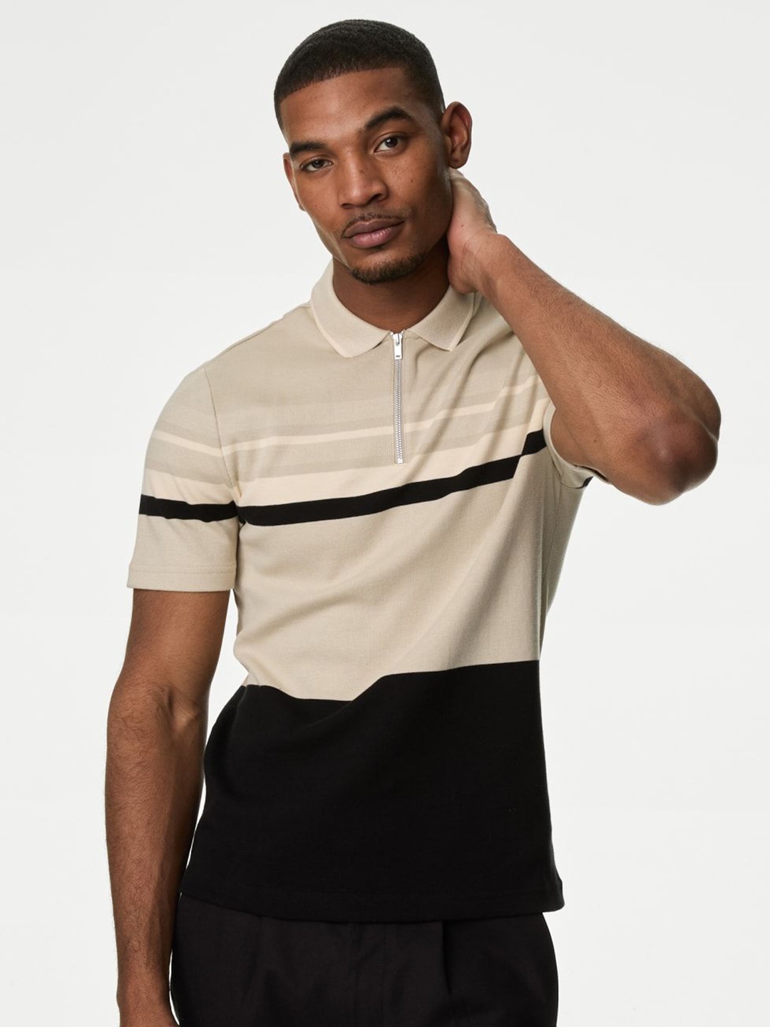 

Marks & Spencer Men Striped Polo Collar Cotton T-shirt, Beige