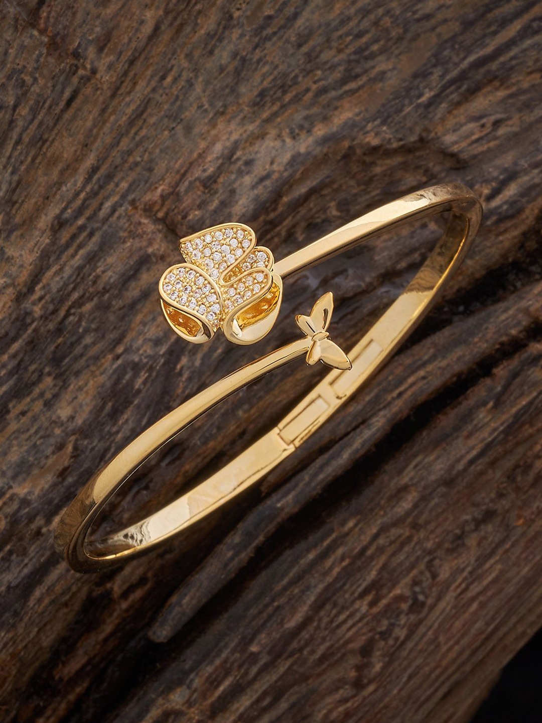 

Kushal's Fashion Jewellery Gold-Plated Cubic Zirconia Studded Floral Shaped Kada Bracelet