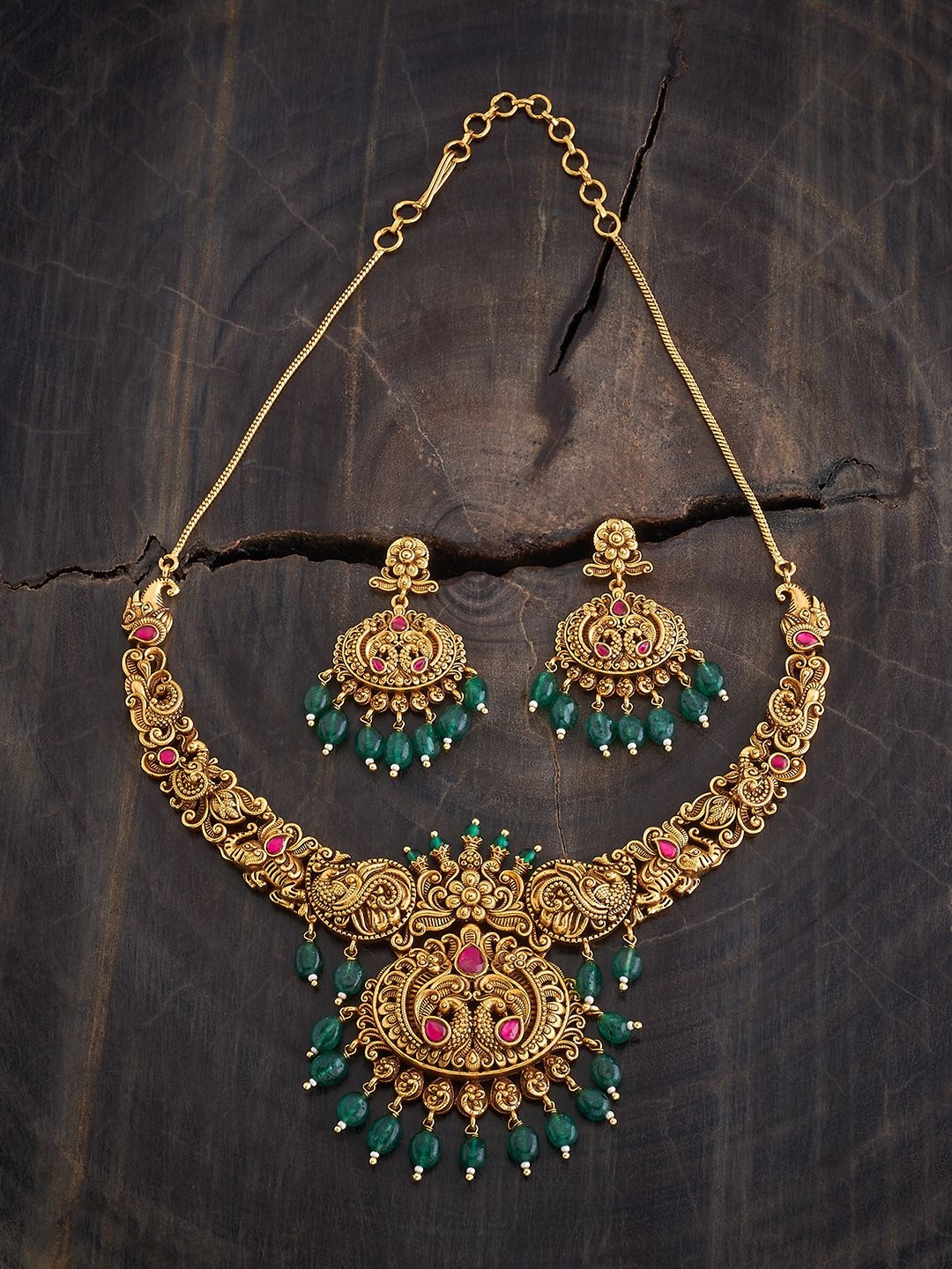 

Kushal's Fashion Jewellery Gold-Plated Stone Studded & Beaded Antique Jewellery Set