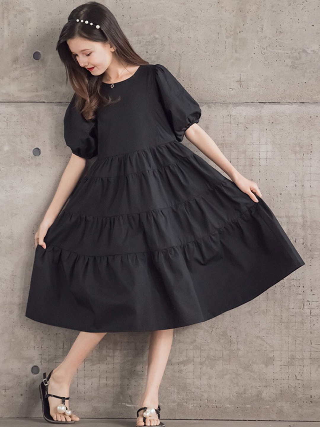 

INCLUD Girls Puff Sleeves Tiered Fit & Flare Midi Dress, Black