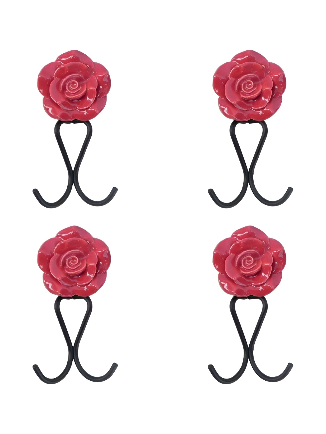 

IndianShelf Red & Black 4 Pieces Floral Ceramic Wall Hooks