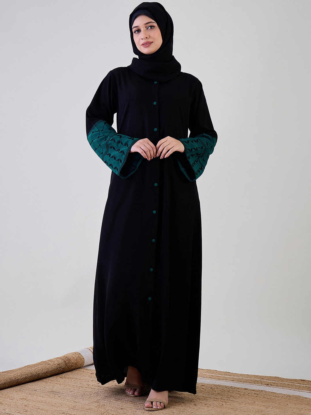 

NABIA Women Embroidered Front Open Abaya Burqa, Black