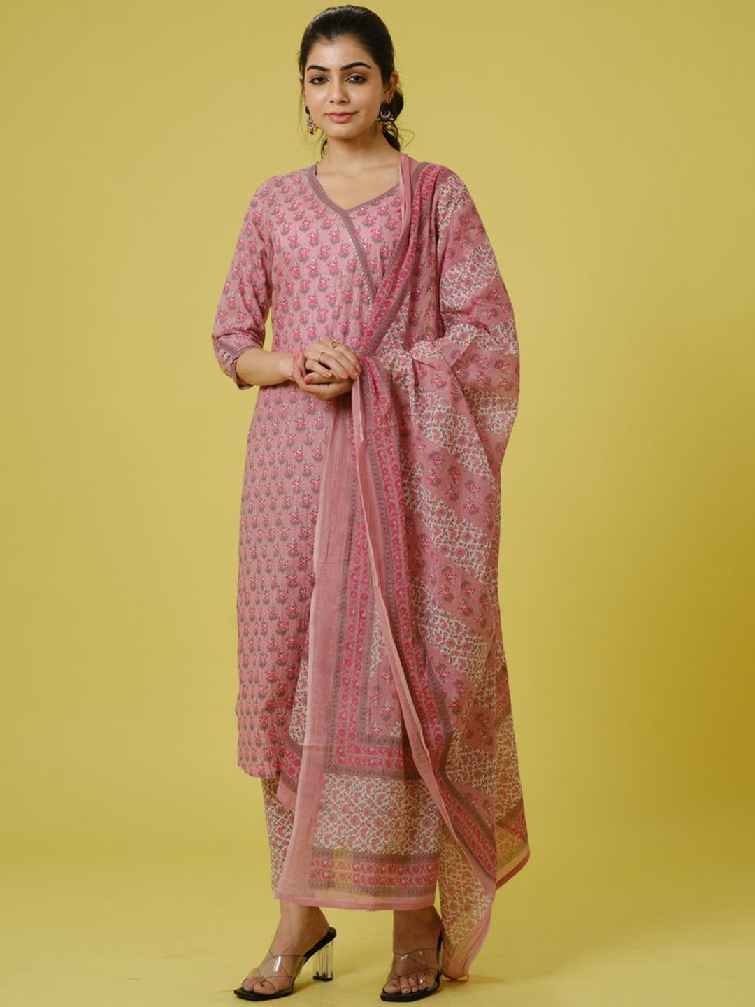 

Hassu's Floral Printed Angrakha Kurta with Trousers & Dupatta, Pink