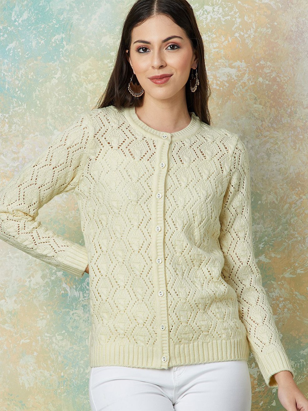 

Melange by Lifestyle Women Open Knit Cardigan, Off white