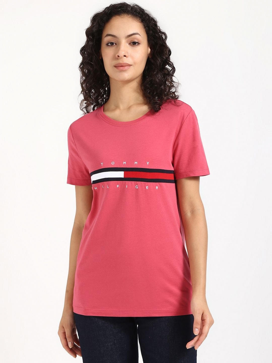 

Tommy Hilfiger Women Brand Logo Printed Cotton T-shirt, Pink