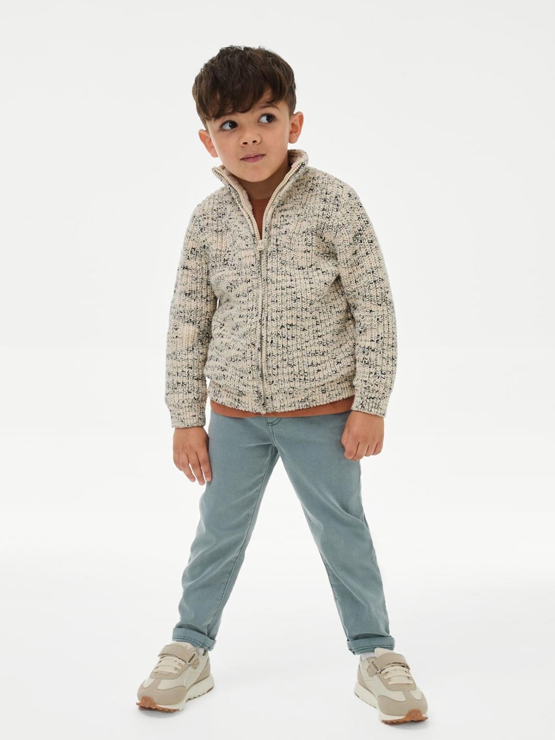

Marks & Spencer Boys Self Design Mock Collar Cable Knit Front-Open Sweaters, Cream