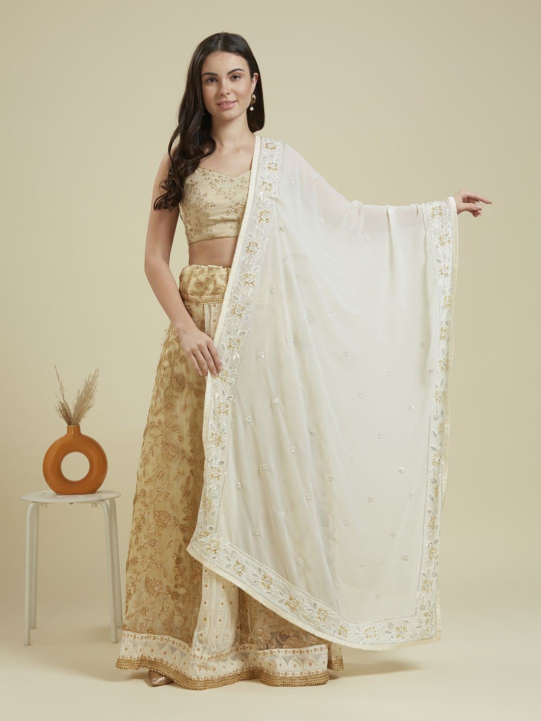 

Dupatta Bazaar Embroidered Dupatta with Beads and Stones, Off white