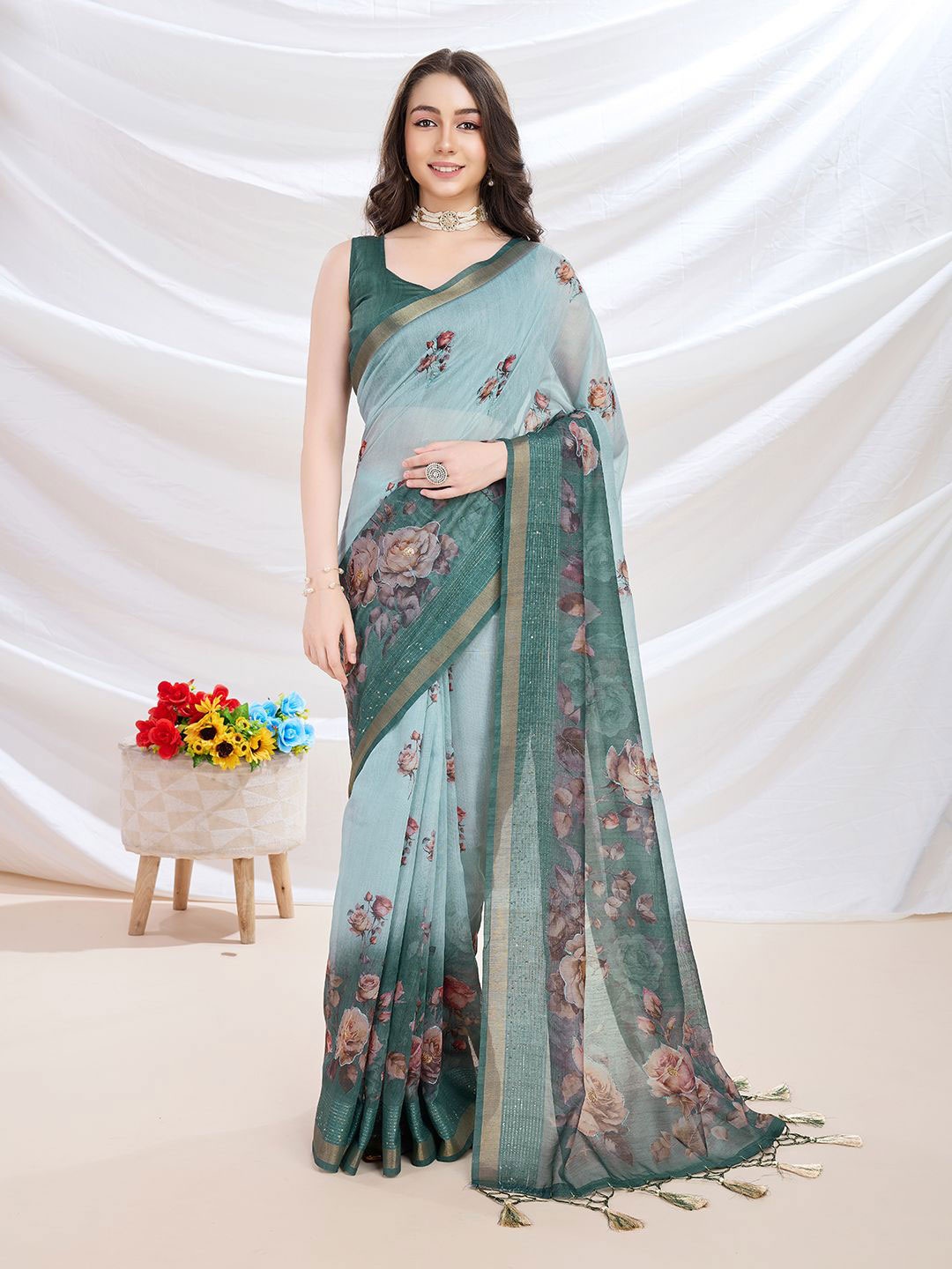 

Mitera Floral Embellished Sequinned Saree, Turquoise blue