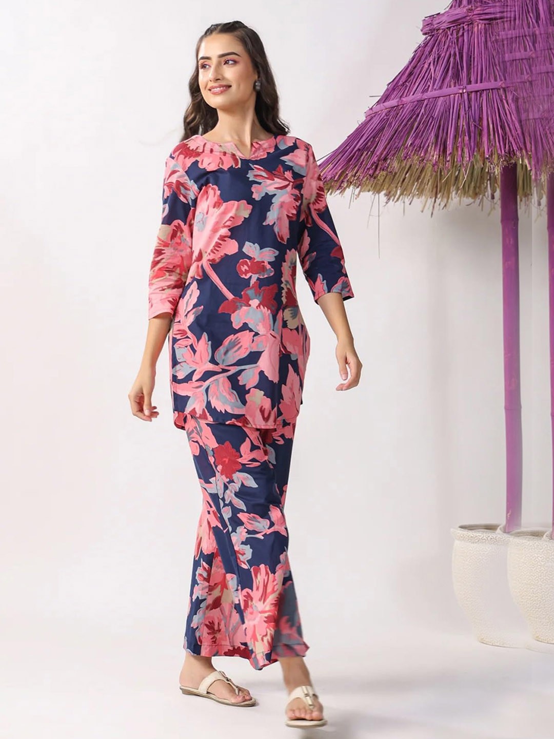 

BAESD Floral Printed Round Neck Tunic With Trousers, Pink