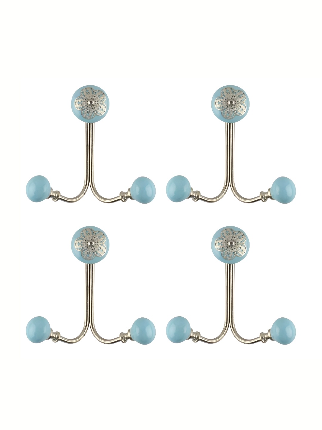 

IndianShelf Silver-Toned & Blue 4 Pieces Floral Ceramic Wall Hooks