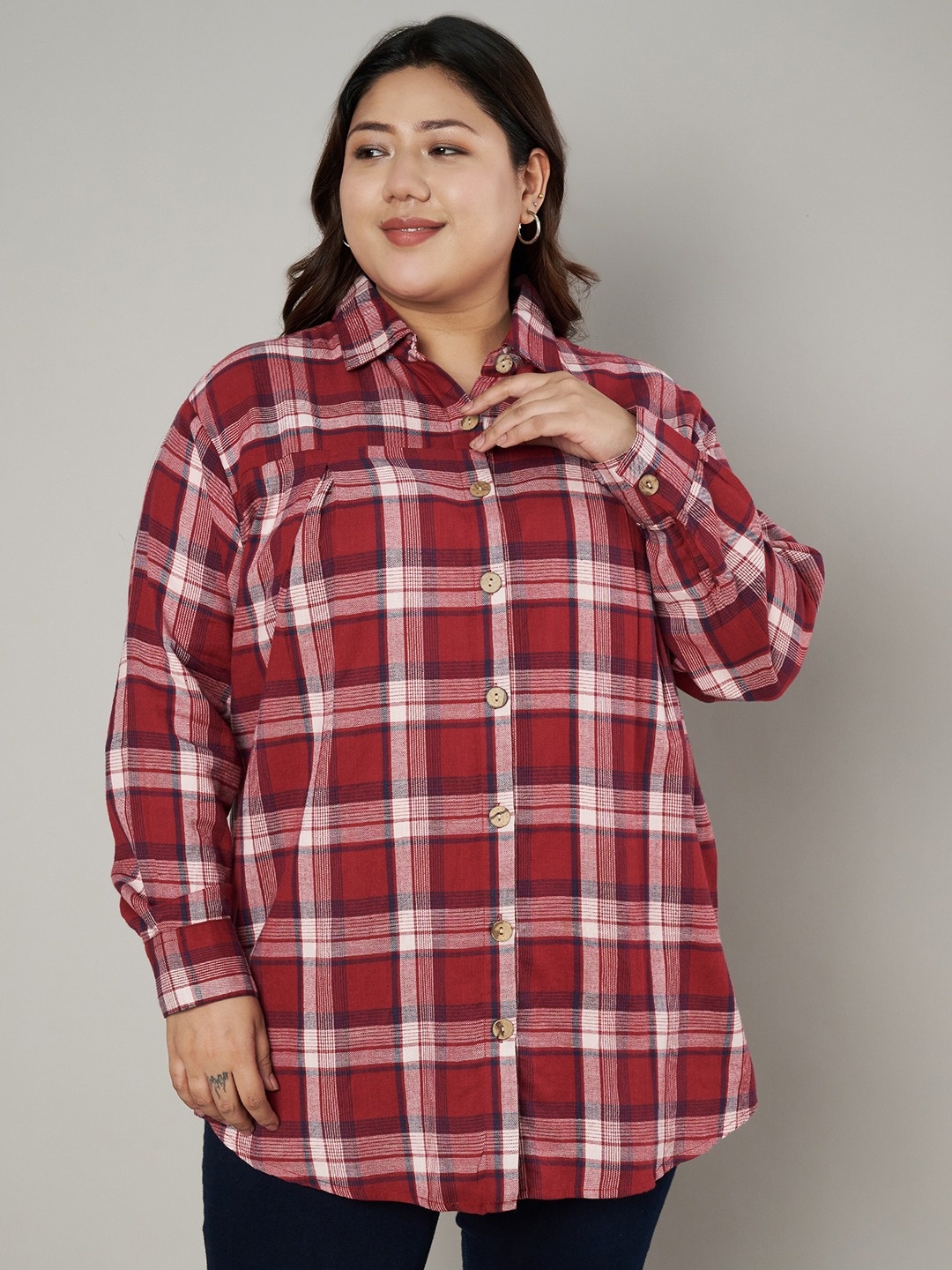 

VELDRESS Women Shepherd Checks Opaque Printed Casual Shirt, Red