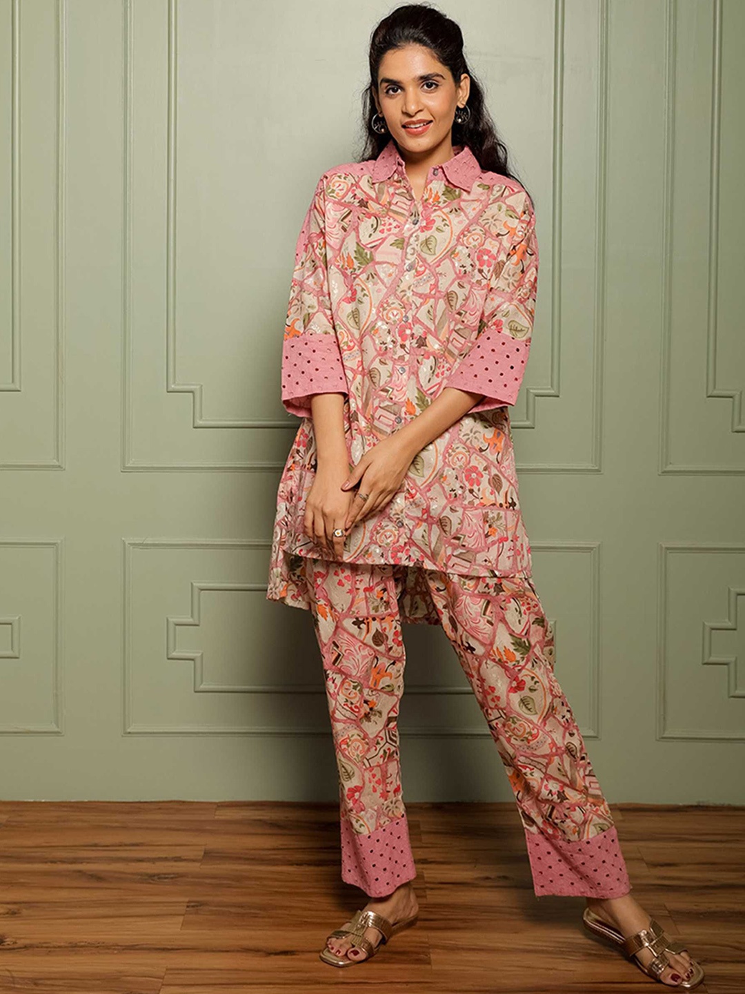 

Label Ishnya Floral Printed Three-Quarter Sleeves Shirt With Trouser, Rose