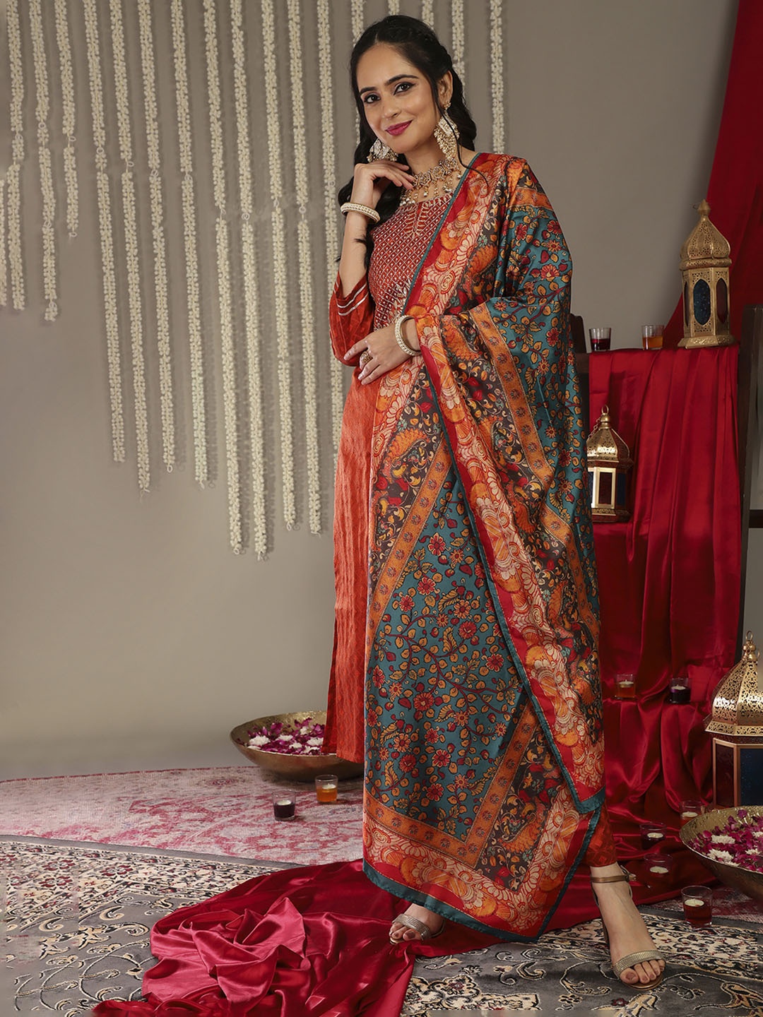 

Varanga Rust Geometric Woven Design Regular Thread Work Kurta With Trouser With Dupatta