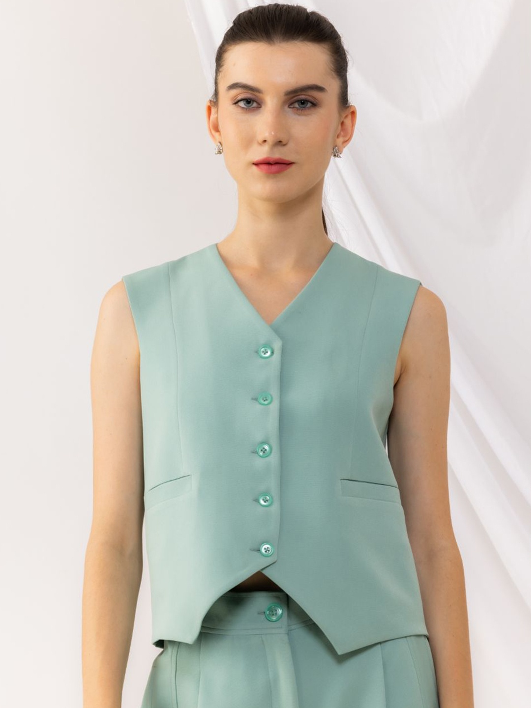 

KOVET V-Neck Woven Waistcoat, Sea green