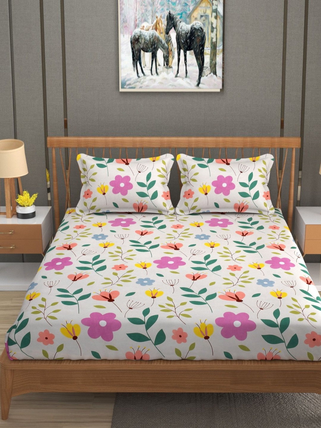 

YaAkholic Cream-Coloured & Lavender Floral 210 TC King Fitted Bedsheet Set- 1.9 M x 1.8 M