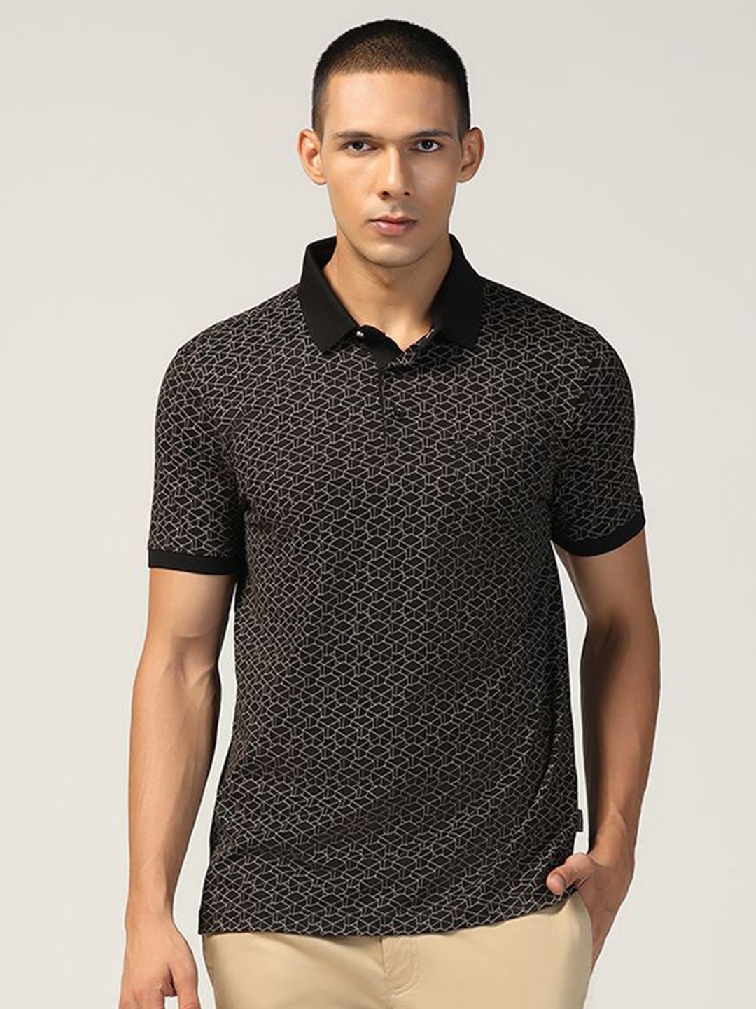 

Blackberrys Men Geometric Printed Polo Collar Cotton Slim Fit T-shirt, Black