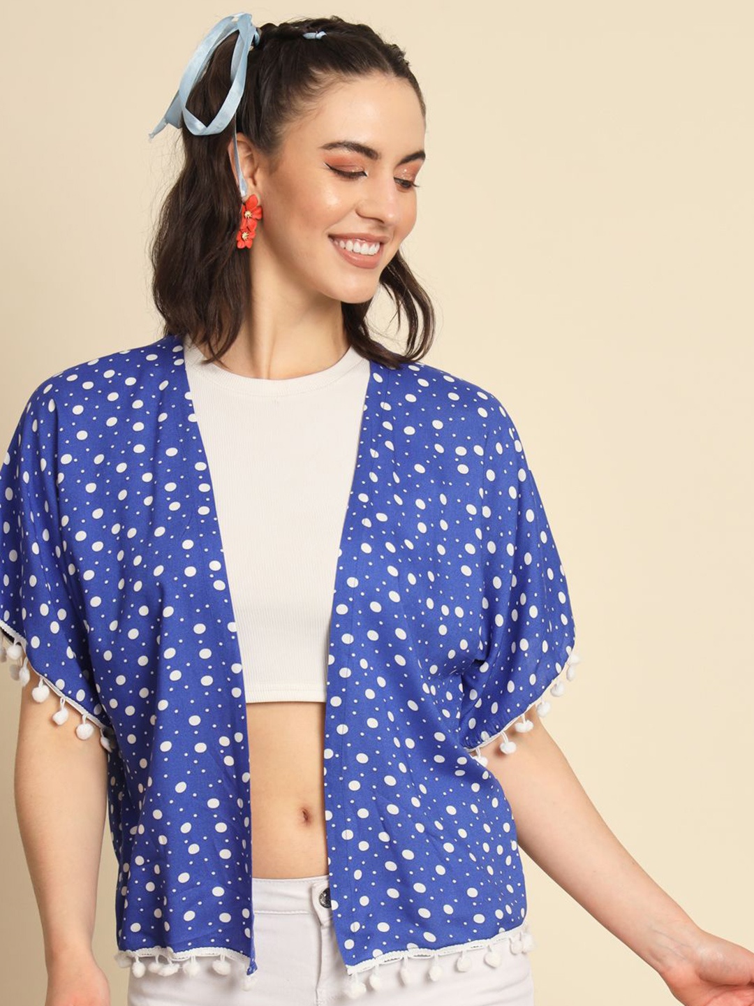 

BAESD Polka dot Printed Tasselled Open Front Shrug, Blue