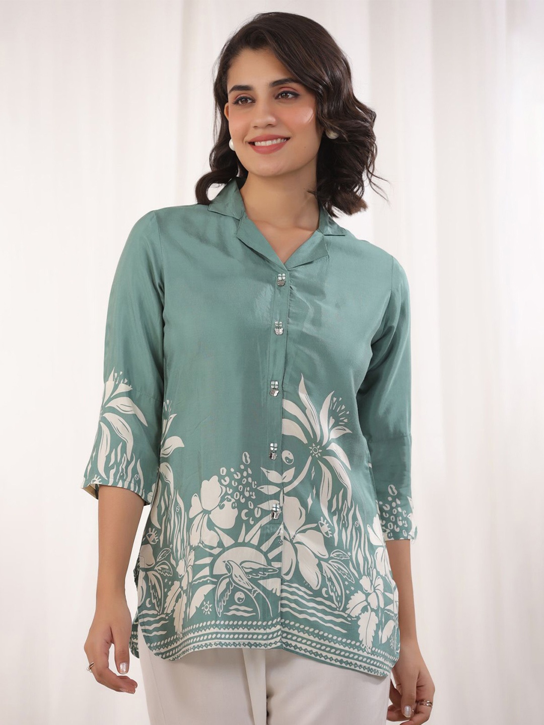 

JISORA Women Tropical Print Roll-Up Sleeves Pure Silk Top, Green