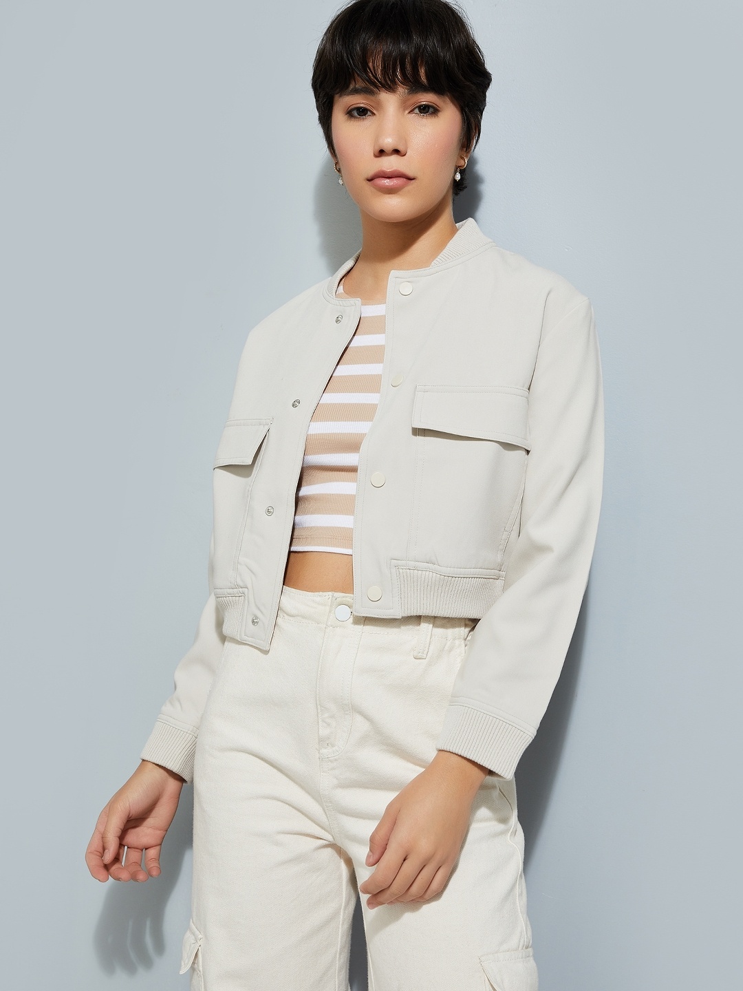 

MAX URB_N Women Solid Bomber Jacket, Off white