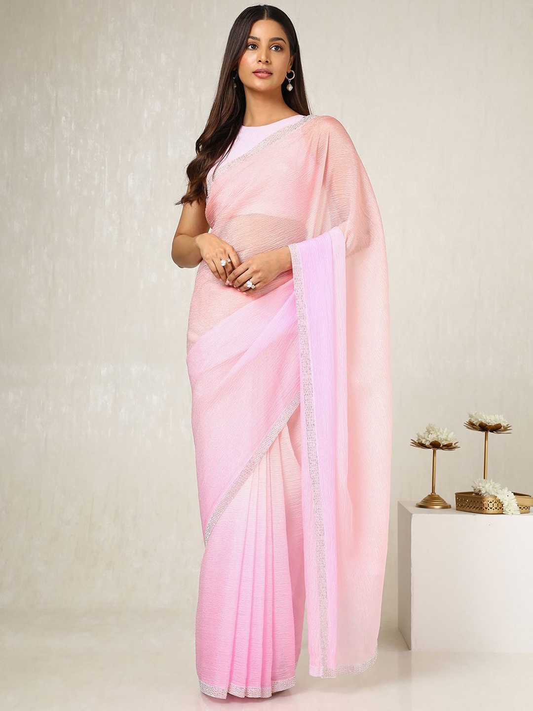 

Soch Ombre Embellished Beads and Stones Organza Saree, Peach