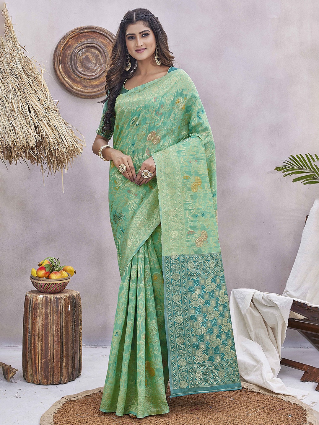 

KSM PRINTS Woven Design Zari Saree, Blue