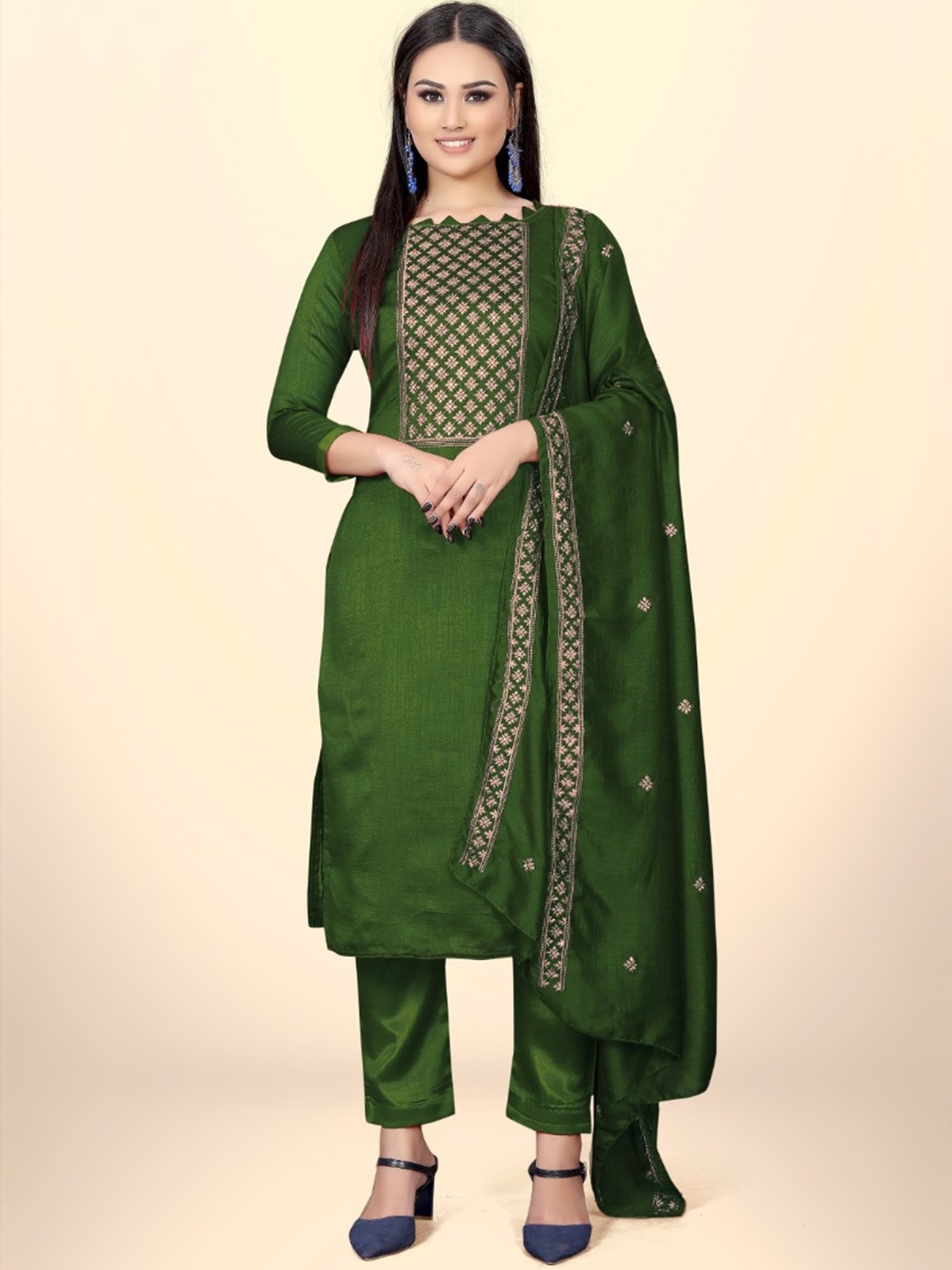 

LADY SHOPI Floral Embroidered Pure Silk Unstitched Dress Material, Olive