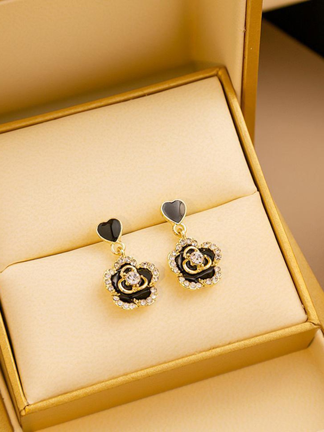 

DESTINY JEWELS Gold-Plated Floral Crystals Stone Studded Korean Design Drop Earrings