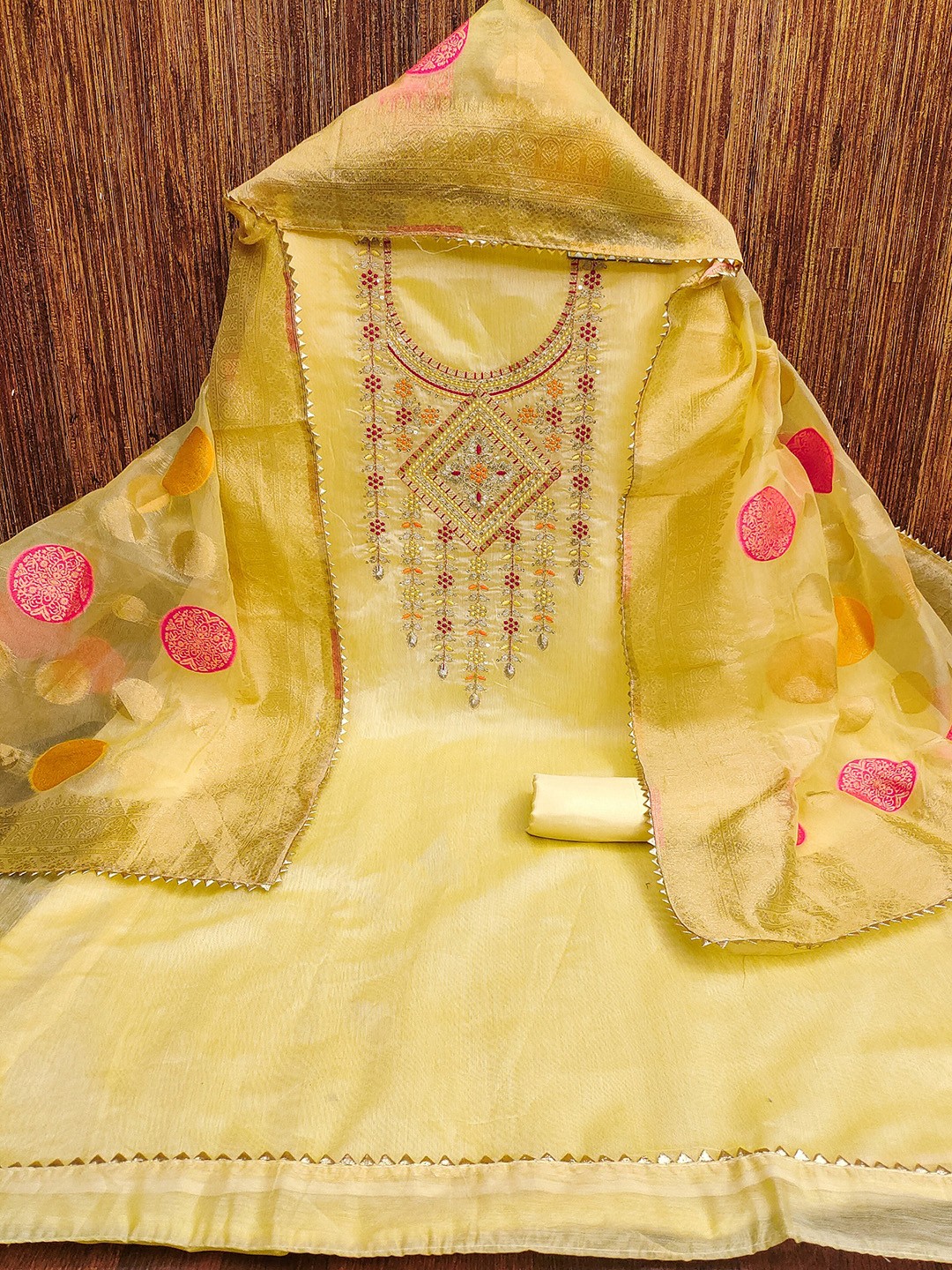 

LADY SHOPI Floral Embroidered Sequinned Unstitched Dress Material, Yellow
